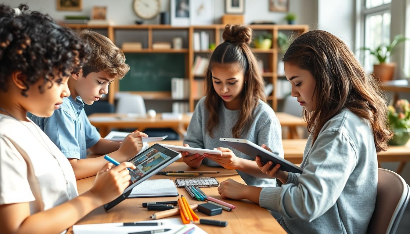 Students studying together in modern classroom